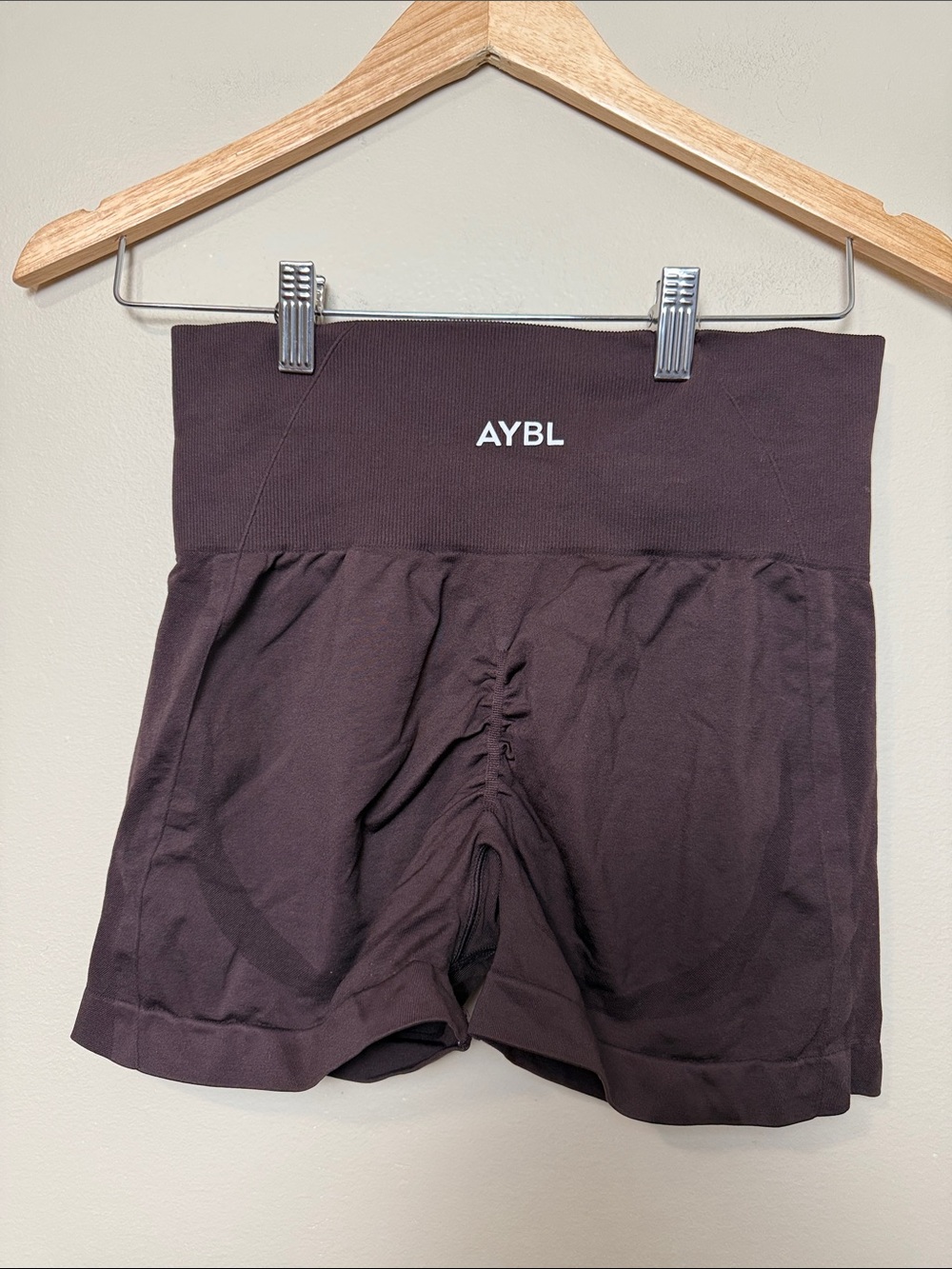 AYBL High-Waist Ruched Bike Shorts — Dark Brown size M